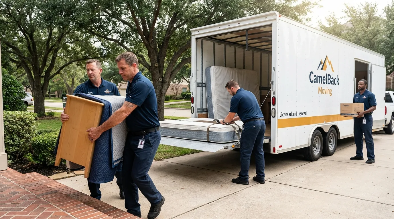 Crew loading residential truck for cross-state move from Durant, OK