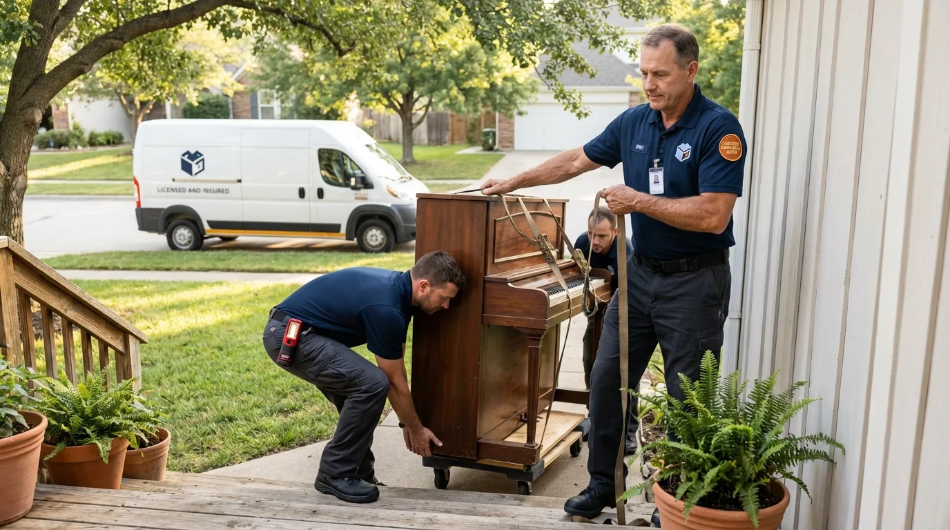 Licensed piano movers securing grand piano in Durant, OK