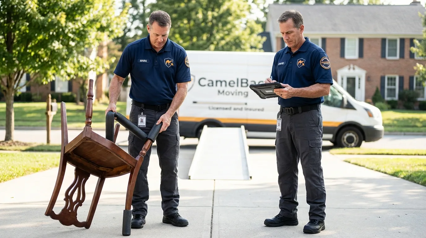 Movers inspecting furniture for damage prevention before loading in Durant, OK