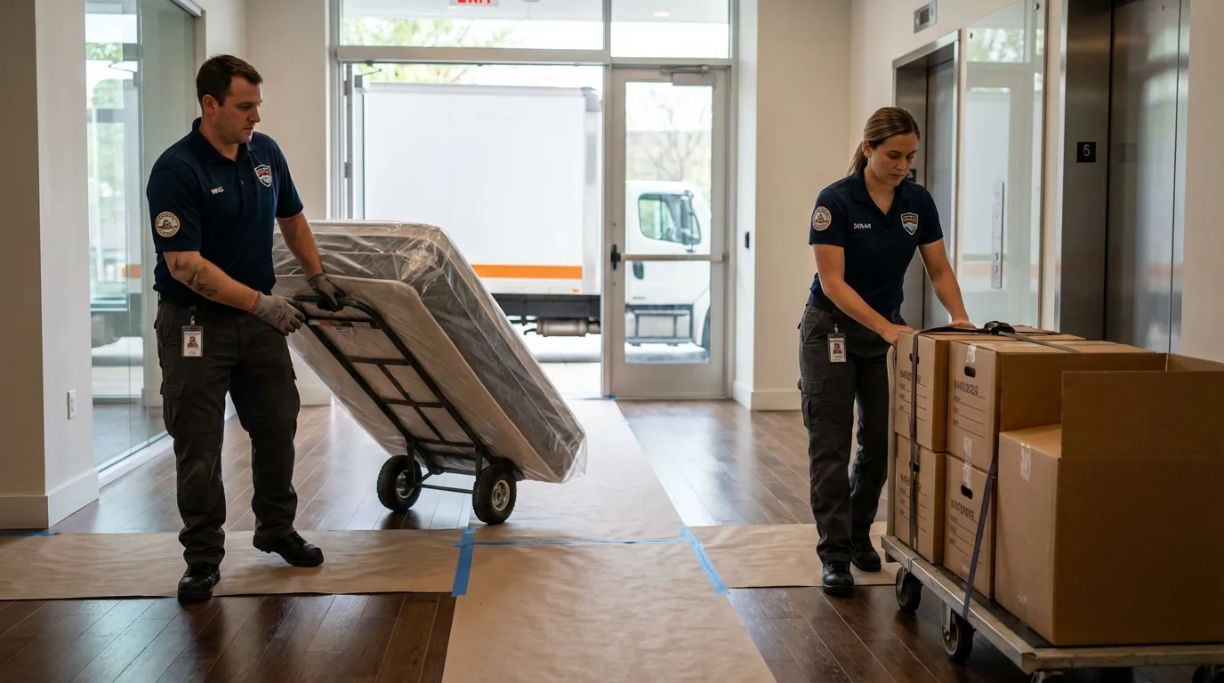 Professional apartment movers loading elevator in Durant, OK