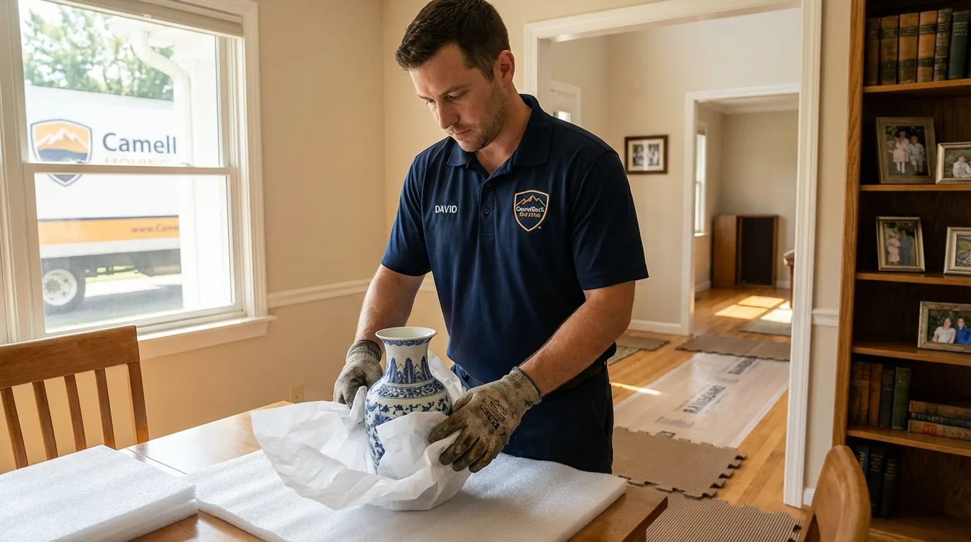 Professional crew carefully wrapping antique vase for senior downsizing move in Durant, OK